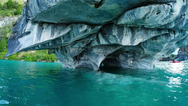 Limestone rock formation with caves on the lake General Carrera in Chilean Patagonia, Marble Caves, Aysen region, Chile