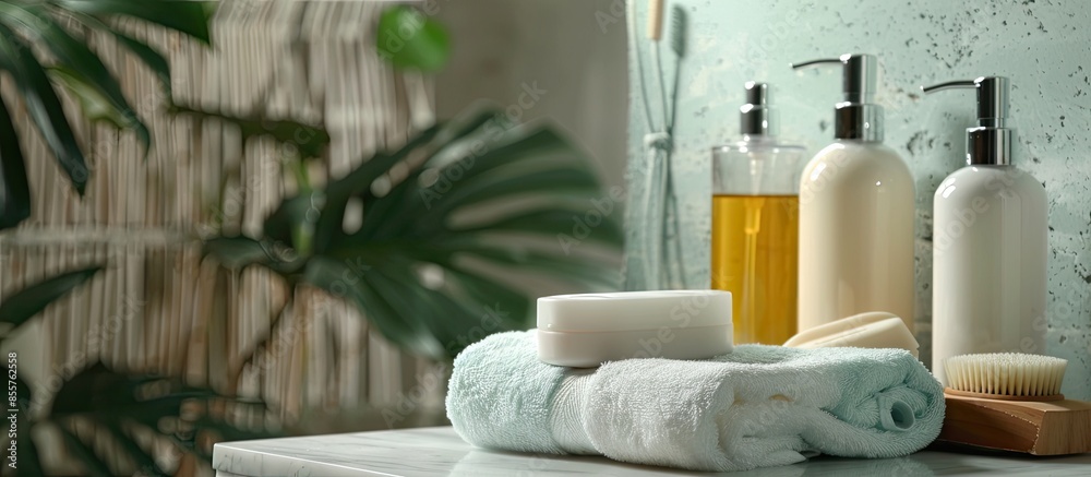 Poster bathing products in the bathroom, spa shampoo, shower gel, liquid soap with a towel beside and vario