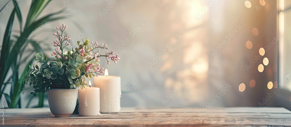 Aufkleber Table decoration with  plant and candles. with copy space image. Place for adding text or design