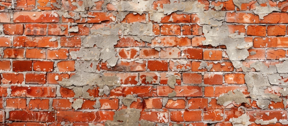Poster background of red brick wall with peeling plaster. red old brick texture, surface. with copy space i
