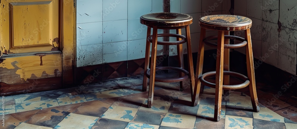 Aufkleber Old two stools are on the floor of linoleum. with copy space image. Place for adding text or design