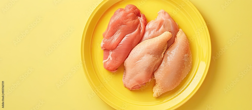 Fototapete raw chicken on yellow plate Isolated on pastel background. with copy space image. Place for adding text or design