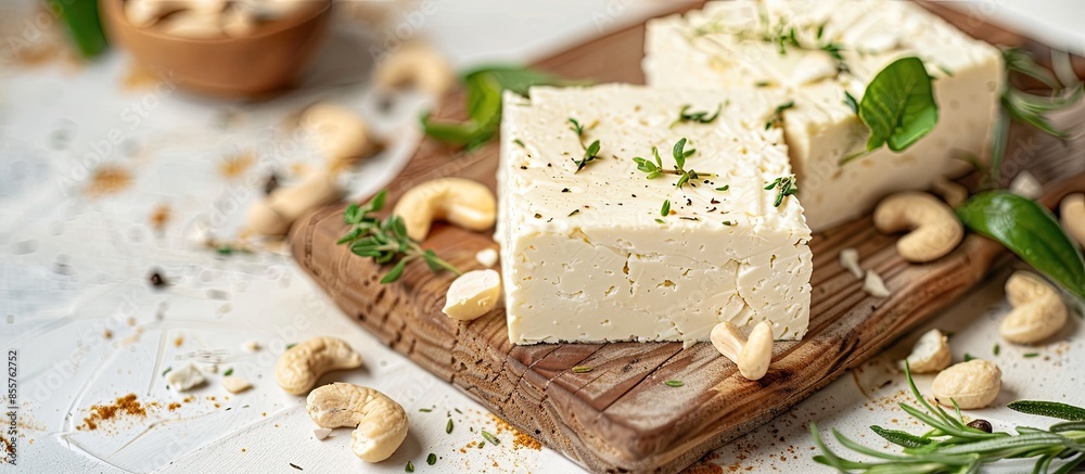 Poster vegan cheese with cashew. Copy space image. Place for adding text or design
