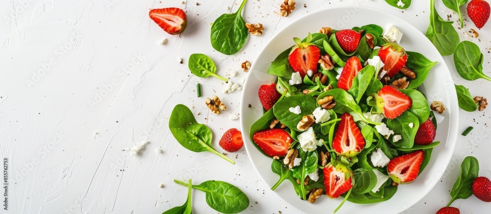 Poster Strawberry salad. Spinach leaves, sliced strawberries, nuts, feta cheese on white background. Healthy food concept. Flat lay, top view. with copy space image. Place for adding text or design