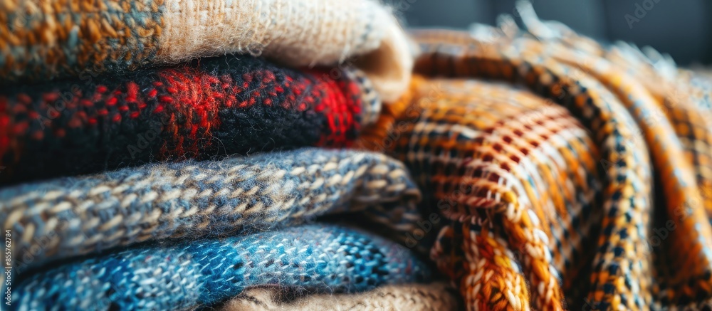 Poster Stack of woolen checked blankets, autumn and winter concept, banner size. with copy space image. Place for adding text or design