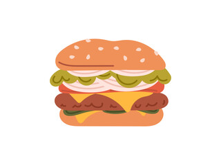 Hamburger, unhealthy junk fast food meat cutlet, hamburger sandwich with double cheese, american snack, beef onion food meal isoalated on white background flat vector illustration.
