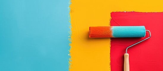 Tools for coloring, paint roller, brush, aluminium leader. Wall partly collored. Copy space image. Place for adding text or design