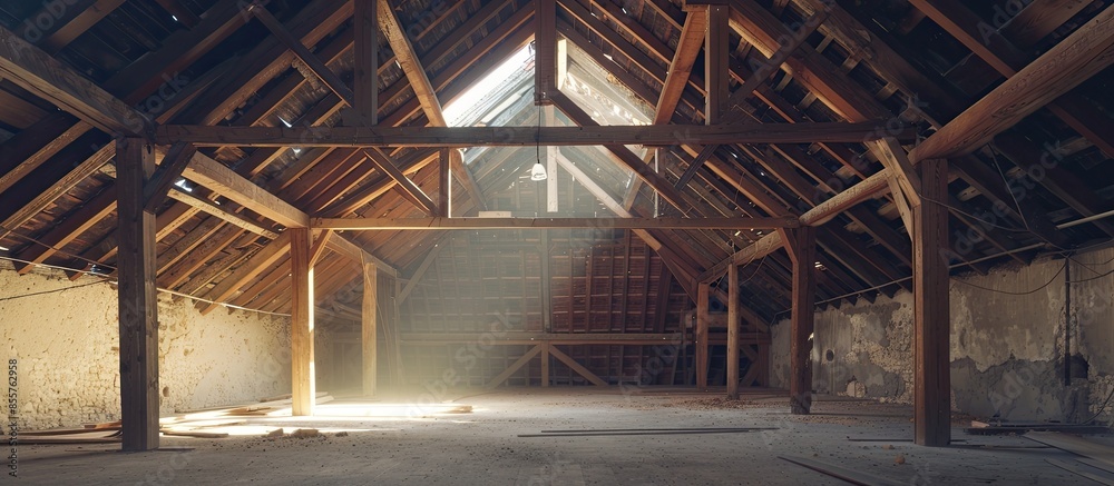 Poster roof beams in attic / loft during before renovation / construction  -. with copy space image. Place for adding text or design
