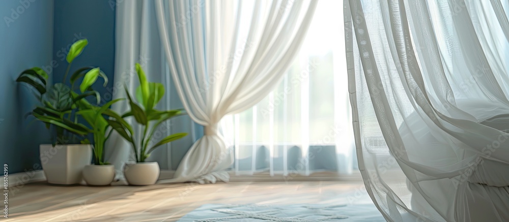 Poster window curtain decoration in bedroom interior. with copy space image. place for adding text or desig