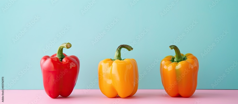 Leinwandbilder Three colored peppers vegetables Isolated on pastel background. with copy space image. Place for adding text or design