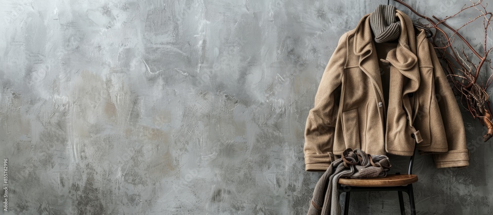 Poster clothes on chair on gray wall background. with copy space image. place for adding text or design