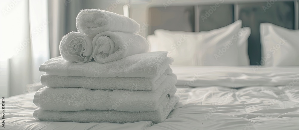 Poster Stack of clean white towels on bed. Copy space image. Place for adding text or design
