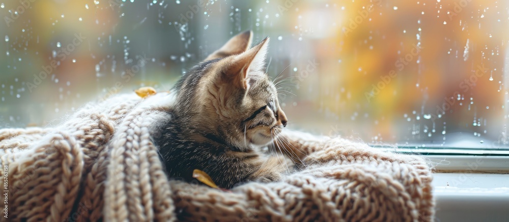 Aufkleber Kitten on a warm knitted sweater on the window sill. Cat at fall. with copy space image. Place for adding text or design
