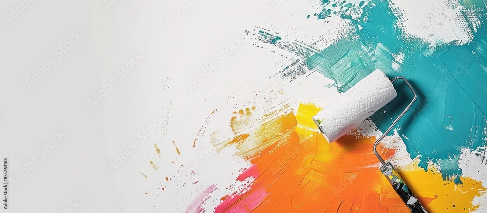 Poster tools for coloring, paint roller, brush, aluminium leader. wall partly collored. copy space image. p