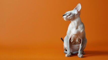 Meticulous Grooming Session of Hairless Sphynx Cat on Vibrant Orange Background - High-Resolution Portrait of Unique Feline Pet
