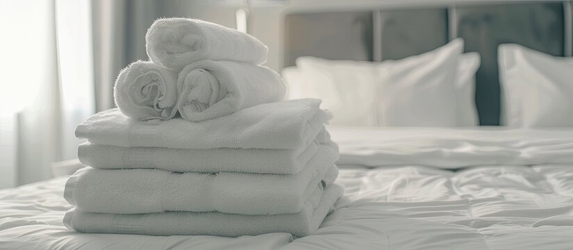 Stack of clean white towels on bed. Copy space image. Place for adding text or design