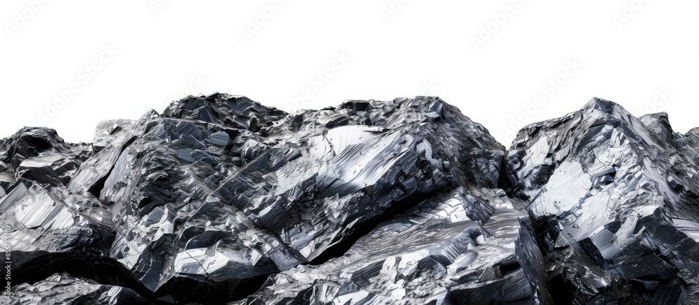 Poster Macro shoot of piece of nickel metal ore isolated on a white background. Closeup photo of amazing shiny mineral rough. Copy space image. Place for adding text or design