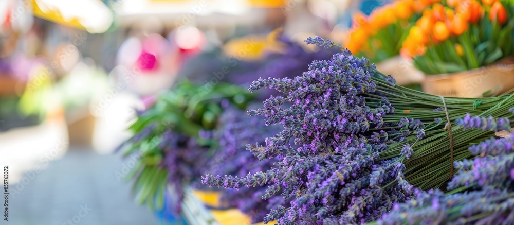 Poster lavender bunches selling in an outdoor french market. horizontal shot with selective focus. copy spa
