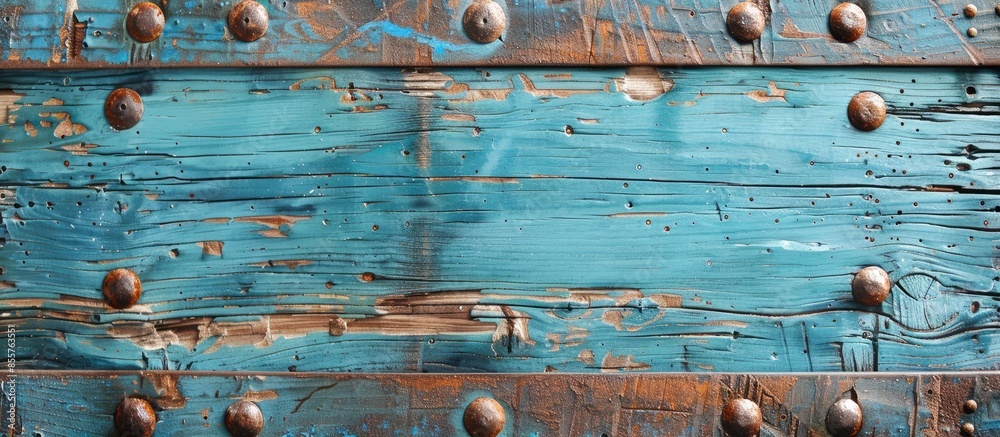 Poster old wooden board with rivets Isolated on pastel background . with copy space image. Place for adding text or design