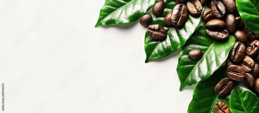 Poster coffee beans and leaves fresh isolated on white background. with copy space image. place for adding 