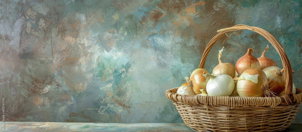 Poster still life of onions with wicker basket with pastel background. rustic style. vertical image. with c