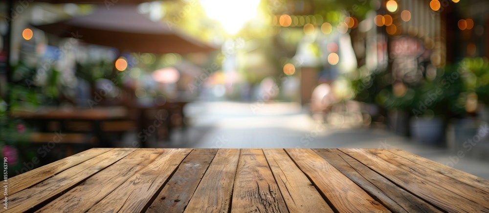 Poster selected focus empty brown wooden table and coffee shop or restuarant blur background with bokeh ima