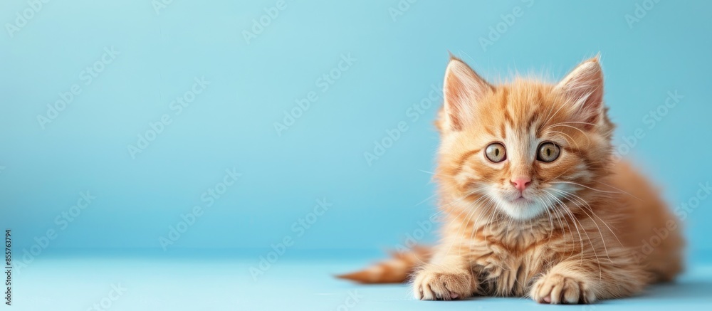Poster Small Siberian kitten on pastel background. Cat lying. with copy space image. Place for adding text or design
