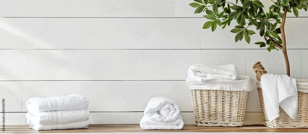 Poster Fresh laundry on white wooden table in bathroom. Space for text. Copy space image. Place for adding text or design