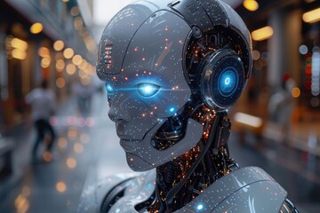 Fototapeta premium Futuristic robot close-up with glowing blue eyes and intricate circuitry, symbolizing AI and robotics.