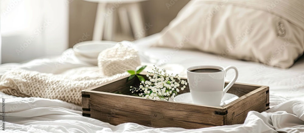Poster wooden tray with coffee and interior decor on the bed with white linen. with copy space image. place