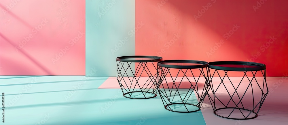 Poster black metal coffee tables on pastel background design. with copy space image. place for adding text 