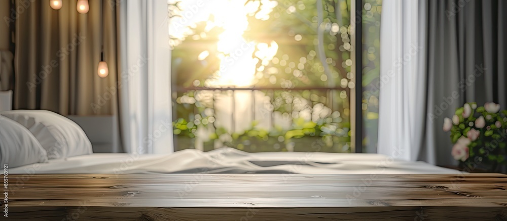 Poster Table Top And Blur Bedroom of The Background. with copy space image. Place for adding text or design