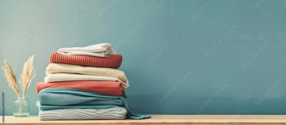 Poster bunch heap of clothes textile on the shelf, housework concept pastel background. with copy space image. Place for adding text or design