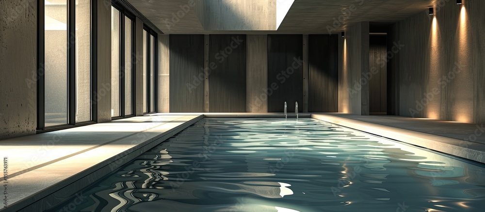 Poster house interiors, private swimming pool. with copy space image. place for adding text or design