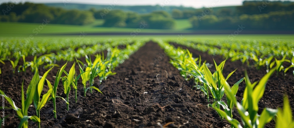 Fototapete Agriculture shot: rows of young corn plants growing on a vast field with dark fertile soil leading to the horizon. Copy space image. Place for adding text or design