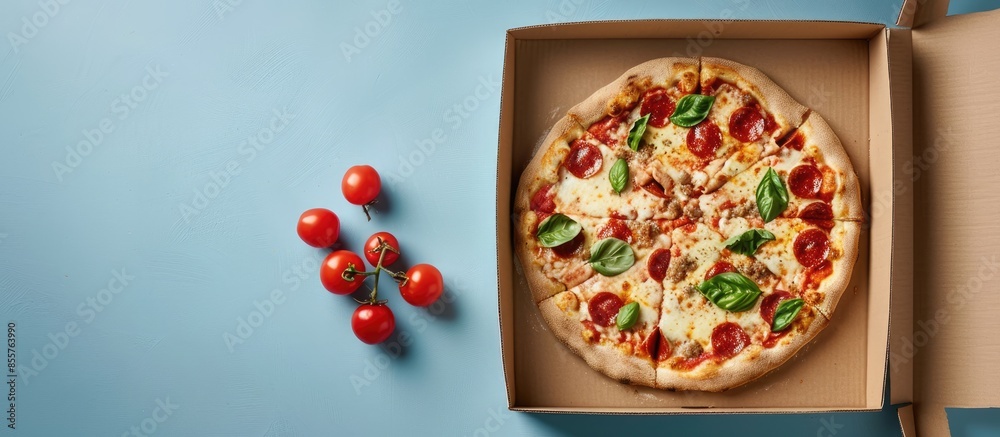 Aufkleber Pizza in a cardboard box with clipping path pastel background. with copy space image. Place for adding text or design