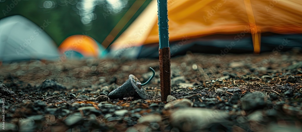 Poster close up of tent peg anchor on the ground tent,hook of tent,camping. with copy space image. place fo