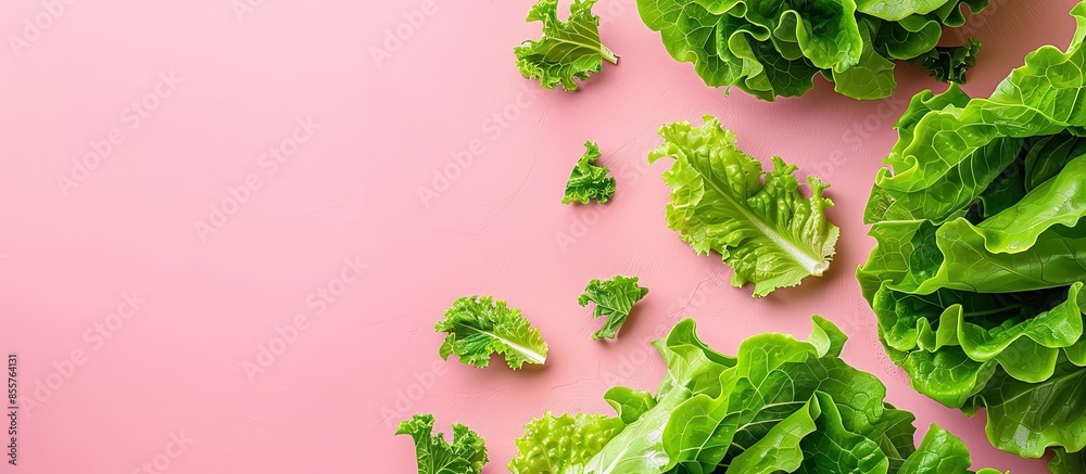 Poster fresh green lettuce leaves isolated on pastel background. with copy space image. Place for adding text or design