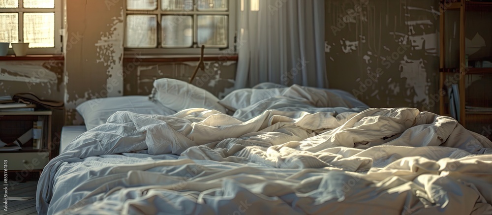 Poster messy bed in early morning , messy bed after waking up . with copy space image. place for adding tex