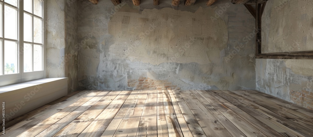 Poster Empty room with old wood floor and rough plaster walls. with copy space image. Place for adding text or design