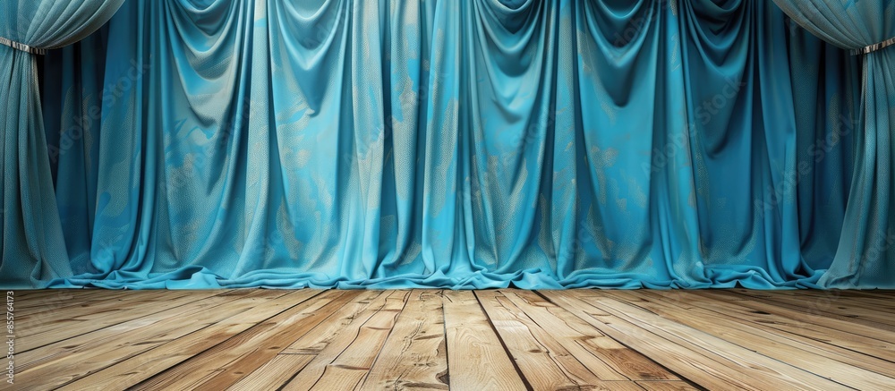 Poster Elegant Blue curtain wooden floor background template. with copy space image. Place for adding text or design