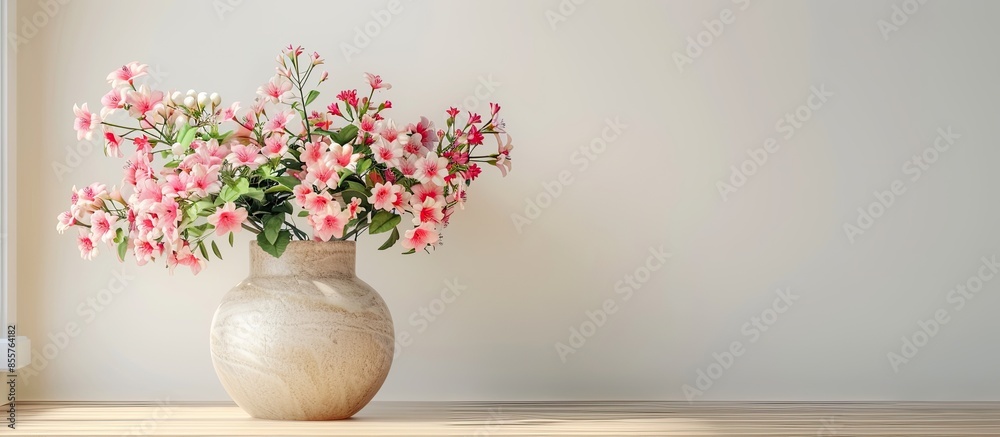 Poster A beautiful pot with artificial flowers for decor on the table. with copy space image. Place for adding text or design