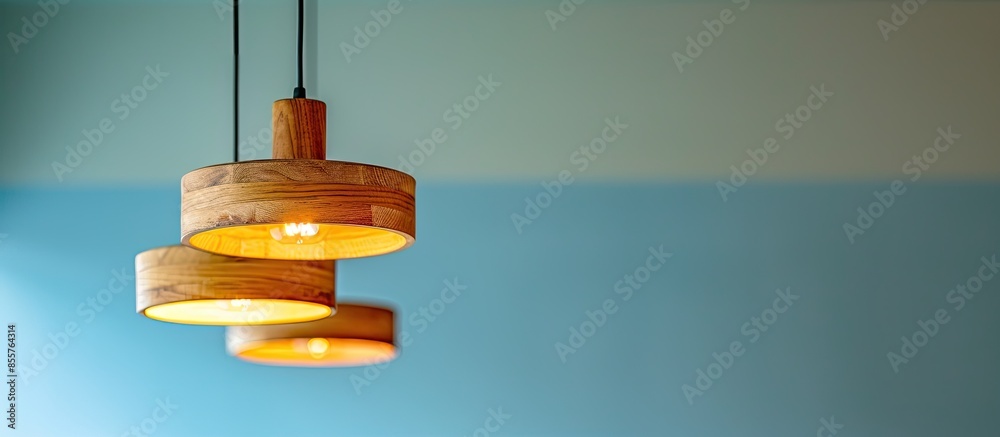 Poster Suspended ceiling light in the form of an oak board with lights pastel background. with copy space image. Place for adding text or design
