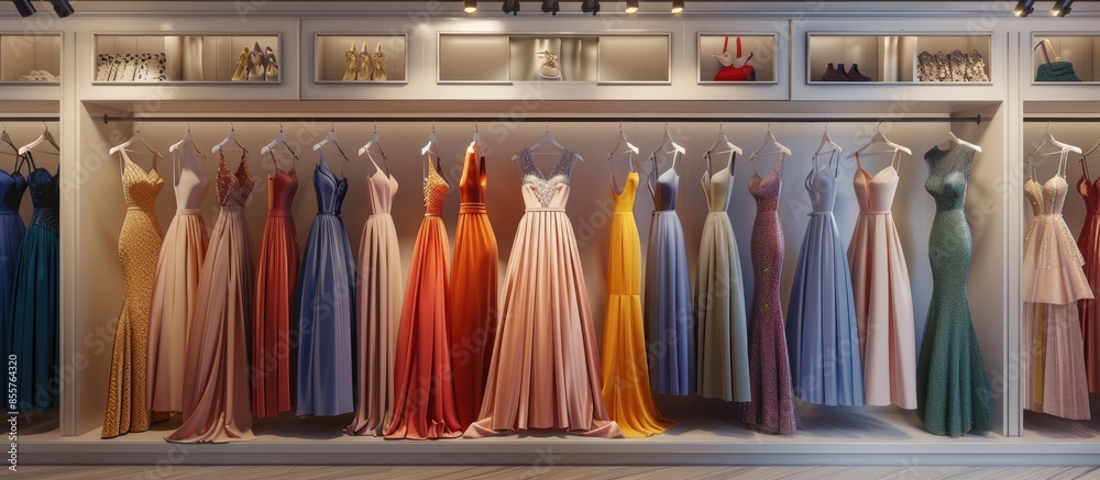 Poster different women's dresses on the rails in the store. luxury and wedding shopping. with copy space im