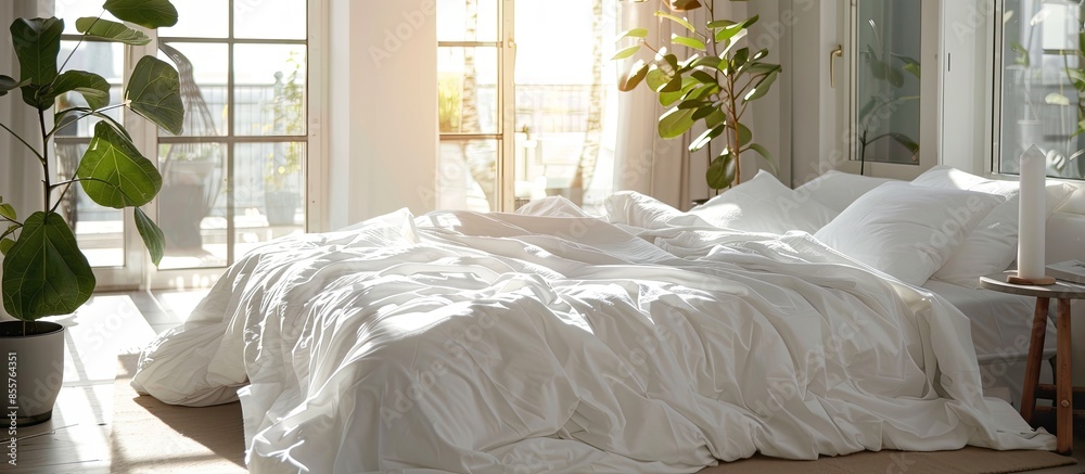 Aufkleber the white bed is in the sun-warmed bedroom in the morning. with copy space image. place for adding t