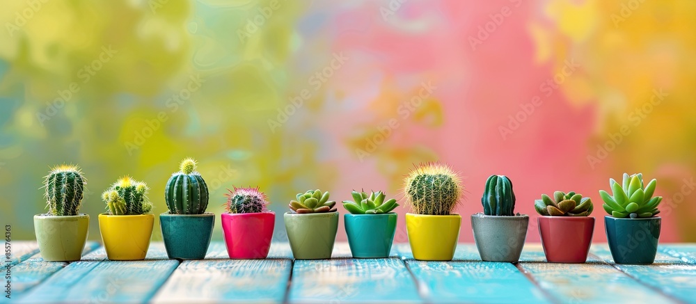 Poster small green cactus plants pots in garden nature background . with copy space image. place for adding