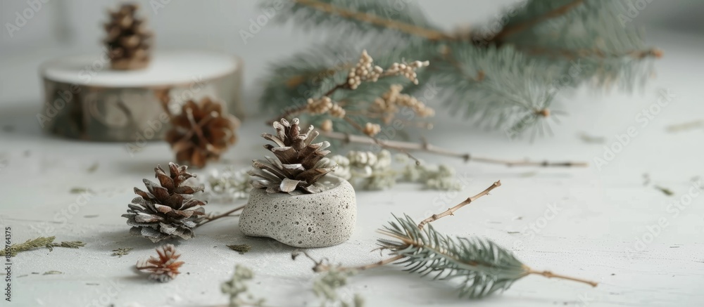 Aufkleber christmas or new year decoration from fresh fir branches and dried flowers on a white table. prepara