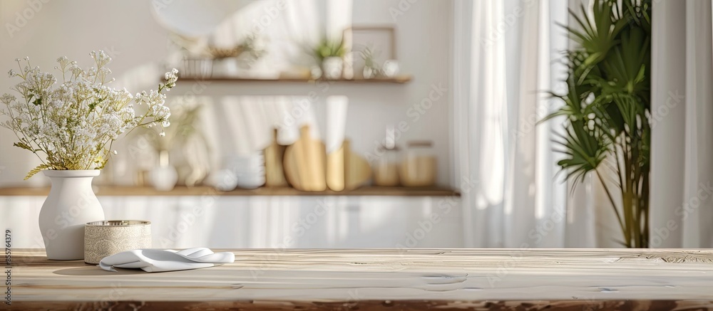 Aufkleber blurred interior and white furniture with brown wooden shelf and napkin . with copy space image. pla