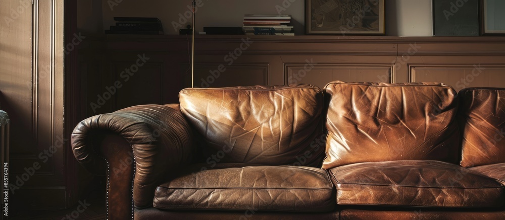Poster leather couch in furnished room. with copy space image. place for adding text or design