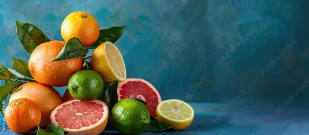 Fototapete pyramid of citrus grapefruit, lemon, orange and lime decorated with leaves on a blue background. cop